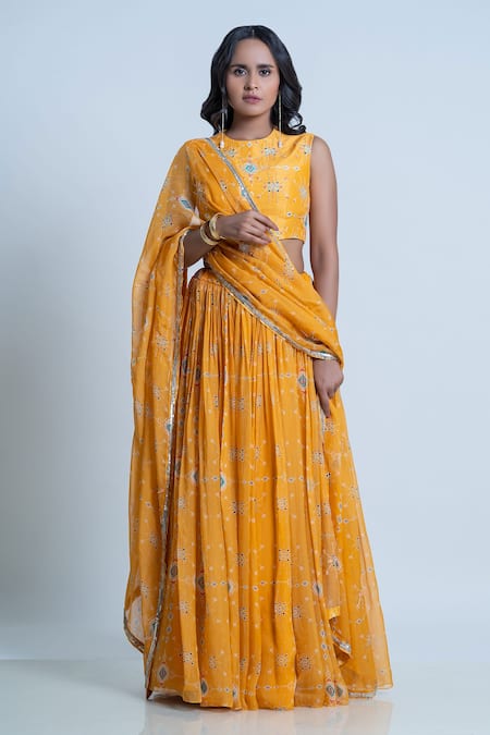 Buy Nautanky Yellow Blouse- Viscose Silk, Lehenga And Dupatta- Organza Ikat Round Print Set Online at Aza Fashions Buy_Nautanky_Yellow Blouse- Viscose Silk, Lehenga And Dupatta- Organza Ikat Round Print Set _Online_at_Aza_Fashions