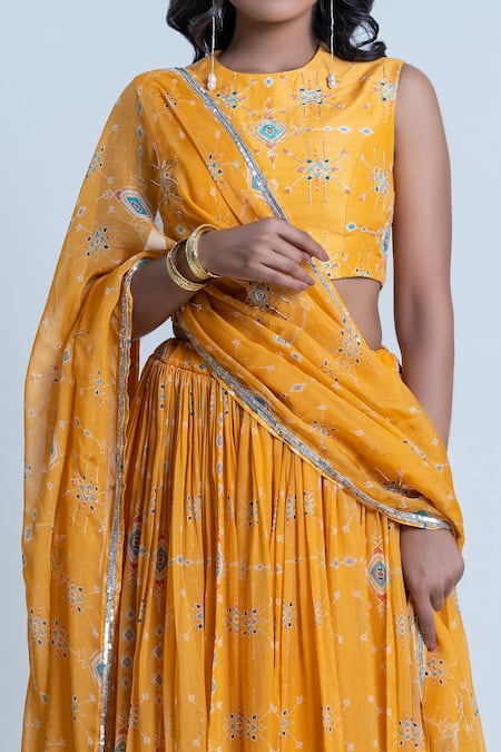 Shop Nautanky Yellow Blouse- Viscose Silk, Lehenga And Dupatta- Organza Ikat Round Print Set Online at Aza Fashions Shop_Nautanky_Yellow Blouse- Viscose Silk, Lehenga And Dupatta- Organza Ikat Round Print Set _Online_at_Aza_Fashions
