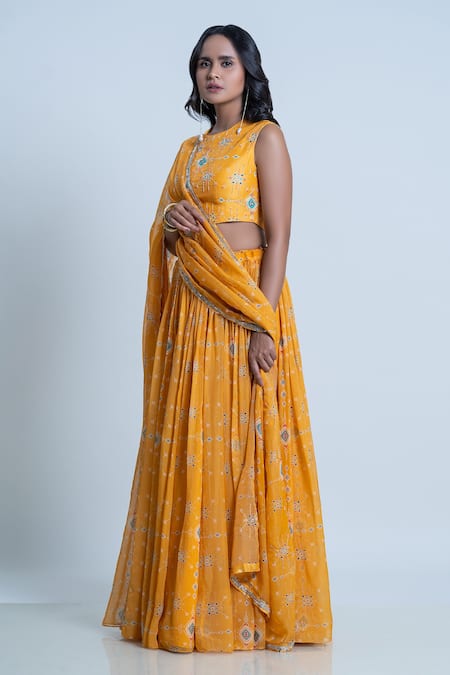Nautanky_Yellow Blouse- Viscose Silk, Lehenga And Dupatta- Organza Ikat Round Print Set _at_Aza_Fashions