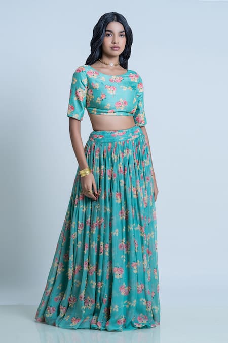 Nautanky Green Blouse- Viscose Silk, Lehenga And Dupatta- Organza Printed Neck Set Online at Aza Fashions Nautanky_Green Blouse- Viscose Silk, Lehenga And Dupatta- Organza Printed Neck Set _Online_at_Aza_Fashions