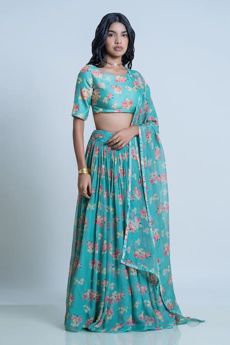 Buy Nautanky Green Blouse- Viscose Silk, Lehenga And Dupatta- Organza Printed Neck Set Online at Aza Fashions Buy_Nautanky_Green Blouse- Viscose Silk, Lehenga And Dupatta- Organza Printed Neck Set _Online_at_Aza_Fashions