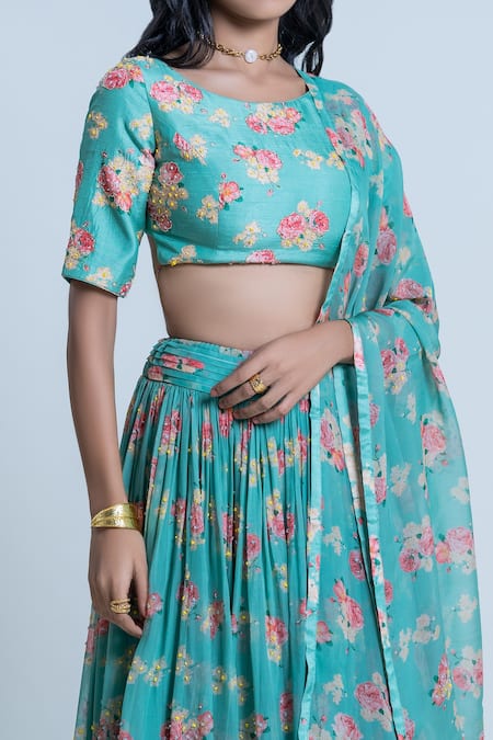 Shop Nautanky Green Blouse- Viscose Silk, Lehenga And Dupatta- Organza Printed Neck Set Online at Aza Fashions Shop_Nautanky_Green Blouse- Viscose Silk, Lehenga And Dupatta- Organza Printed Neck Set _Online_at_Aza_Fashions