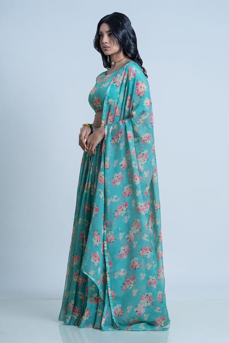 Nautanky Green Blouse- Viscose Silk, Lehenga And Dupatta- Organza Printed Neck Set at Aza Fashions Nautanky_Green Blouse- Viscose Silk, Lehenga And Dupatta- Organza Printed Neck Set _at_Aza_Fashions