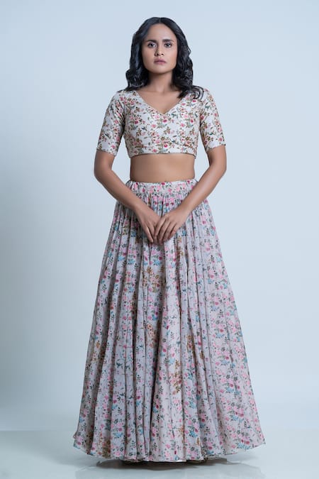 Nautanky Ivory Blouse- Viscose Silk, Lehenga And Dupatta- Organza Floral Print Pleated Set Online at Aza Fashions Nautanky_Ivory Blouse- Viscose Silk, Lehenga And Dupatta- Organza Floral Print Pleated Set _Online_at_Aza_Fashions