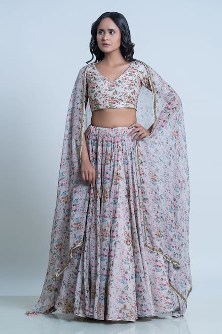 Buy Nautanky Ivory Blouse- Viscose Silk, Lehenga And Dupatta- Organza Floral Print Pleated Set Online at Aza Fashions Buy_Nautanky_Ivory Blouse- Viscose Silk, Lehenga And Dupatta- Organza Floral Print Pleated Set _Online_at_Aza_Fashions