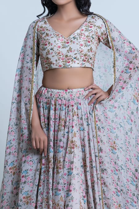 Shop Nautanky Ivory Blouse- Viscose Silk, Lehenga And Dupatta- Organza Floral Print Pleated Set Online at Aza Fashions Shop_Nautanky_Ivory Blouse- Viscose Silk, Lehenga And Dupatta- Organza Floral Print Pleated Set _Online_at_Aza_Fashions