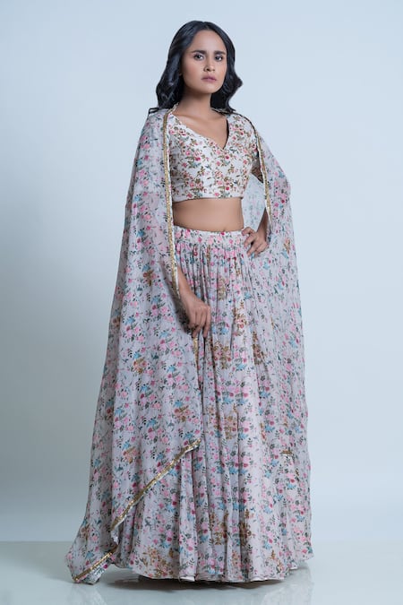 Nautanky Ivory Blouse- Viscose Silk, Lehenga And Dupatta- Organza Floral Print Pleated Set at Aza Fashions Nautanky_Ivory Blouse- Viscose Silk, Lehenga And Dupatta- Organza Floral Print Pleated Set _at_Aza_Fashions