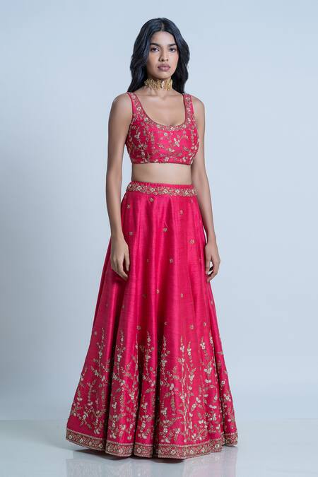 Buy_Nautanky_Pink Silk, Organza Embroidery Scoop Neck Bridal Lehenga Set _Online_at_Aza_Fashions