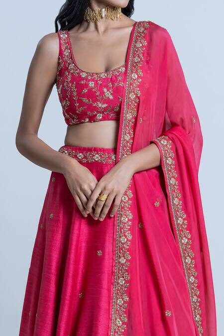 Shop_Nautanky_Pink Silk, Organza Embroidery Scoop Neck Bridal Lehenga Set _Online_at_Aza_Fashions