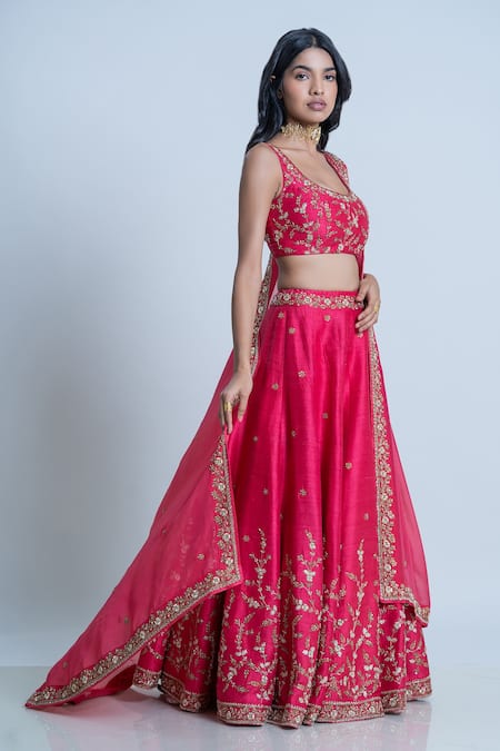 Nautanky_Pink Silk, Organza Embroidery Scoop Neck Bridal Lehenga Set _at_Aza_Fashions