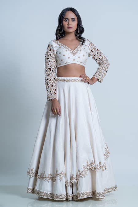 Buy_Nautanky_Ivory Silk, Organza Embroidery Asymmetric Raw Layered Lehenga Set _Online_at_Aza_Fashions