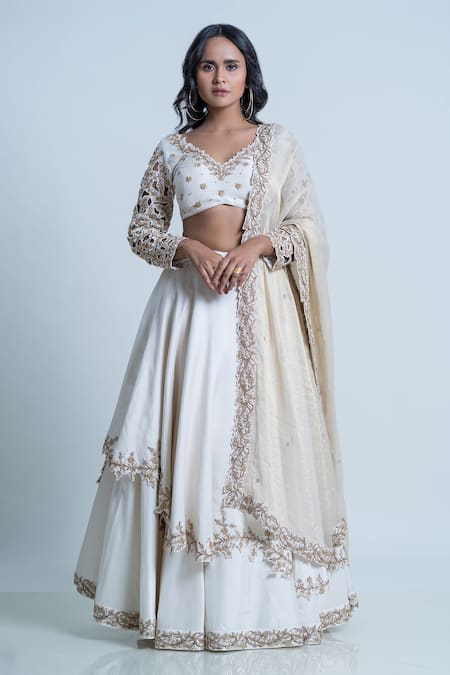 Shop_Nautanky_Ivory Silk, Organza Embroidery Asymmetric Raw Layered Lehenga Set _Online_at_Aza_Fashions