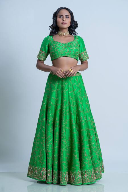 Buy_Nautanky_Green Silk, Organza Embroidery Sweetheart Neck Raw Lehenga Set _Online_at_Aza_Fashions