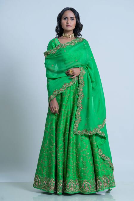 Shop_Nautanky_Green Silk, Organza Embroidery Sweetheart Neck Raw Lehenga Set _Online_at_Aza_Fashions