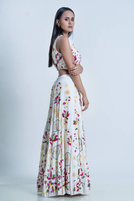 Shop Nautanky Ivory Blouse Silk, Lehenga Organza Floral, Sequins Hand Embroidered With Online at Aza Fashions Shop_Nautanky_Ivory Blouse Silk, Lehenga Organza Floral, Sequins Hand Embroidered With _Online_at_Aza_Fashions