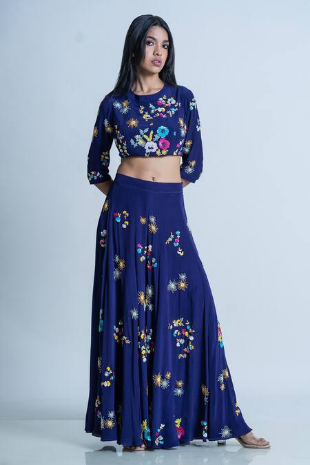 Nautanky_Blue Crop Top , Dupatta Organza, Sharara Embellished Set _Online_at_Aza_Fashions