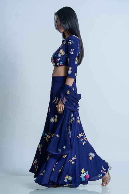 Deep blue georgette readymade suits feature embroidery crop-top, full-hand  beel sleeve embroidery shrug & sharara pant