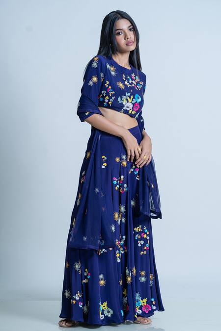 Shop_Nautanky_Blue Crop Top , Dupatta Organza, Sharara Embellished Set _Online_at_Aza_Fashions