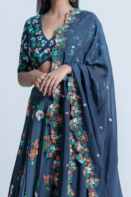 Shop Nautanky Blue Blouse Soft Silk, Dupatta Organza, Lehenga Embellished Work Set Online at Aza Fashions Shop_Nautanky_Blue Blouse Soft Silk, Dupatta Organza, Lehenga Embellished Work Set _Online_at_Aza_Fashions