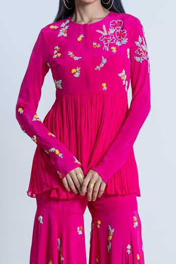 Nautanky_Pink Kurta Chiffon, Sharara Crepe + Silk Hand Embroidered Work Peplum With _Online_at_Aza_Fashions