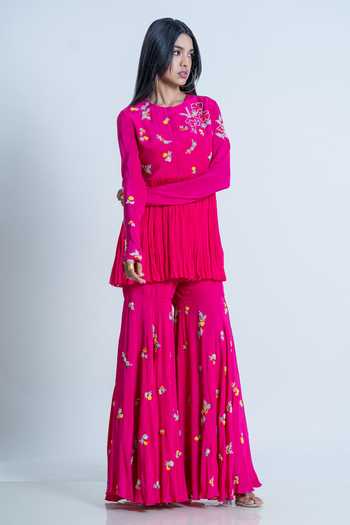 Buy_Nautanky_Pink Kurta Chiffon, Sharara Crepe + Silk Hand Embroidered Work Peplum With _Online_at_Aza_Fashions