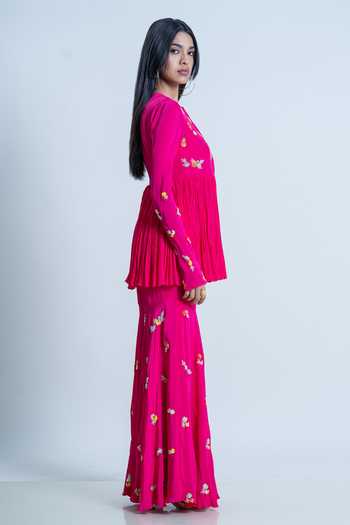 Shop_Nautanky_Pink Kurta Chiffon, Sharara Crepe + Silk Hand Embroidered Work Peplum With _Online_at_Aza_Fashions