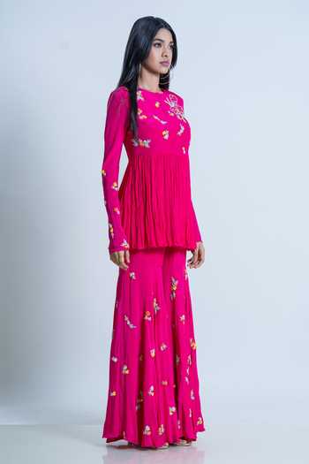 Nautanky_Pink Kurta Chiffon, Sharara Crepe + Silk Hand Embroidered Work Peplum With _at_Aza_Fashions