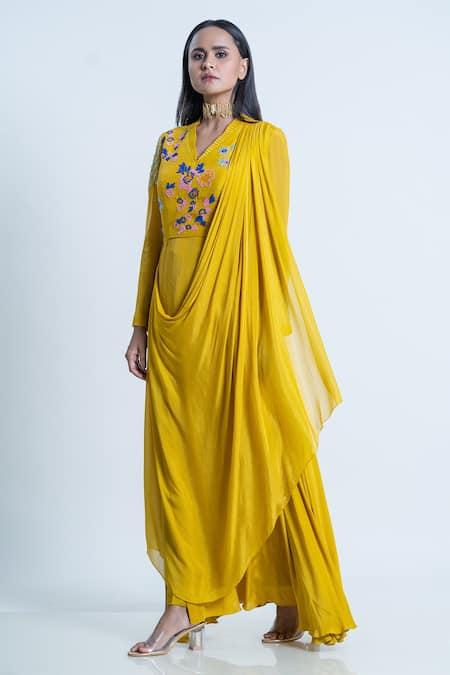 Nautanky_Yellow Kurta Crepe + , Pant Floral, Embellished Drape Attached With _Online_at_Aza_Fashions