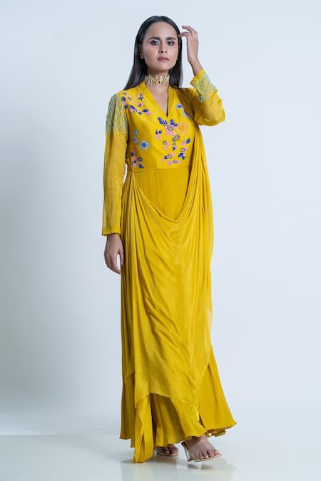 Shop_Nautanky_Yellow Kurta Crepe + , Pant Floral, Embellished Drape Attached With _Online_at_Aza_Fashions
