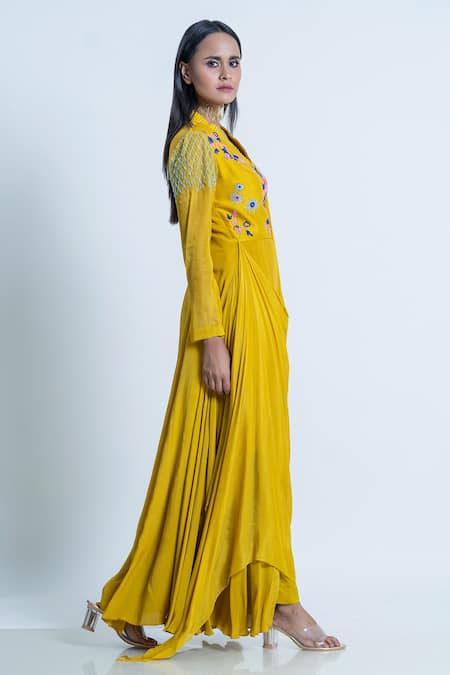 Nautanky_Yellow Kurta Crepe + , Pant Floral, Embellished Drape Attached With _at_Aza_Fashions