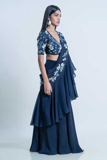 Buy_Nautanky_Blue Blouse Silk, Dupatta Crepe + Organza, Sharara Hand Embroidered And Set _Online_at_Aza_Fashions
