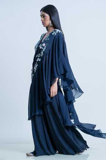 Shop_Nautanky_Blue Blouse Silk, Dupatta Crepe + Organza, Sharara Hand Embroidered And Set _Online_at_Aza_Fashions