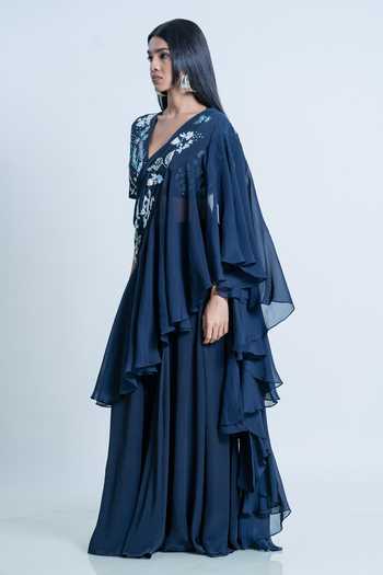 Nautanky_Blue Blouse Silk, Dupatta Crepe + Organza, Sharara Hand Embroidered And Set _at_Aza_Fashions