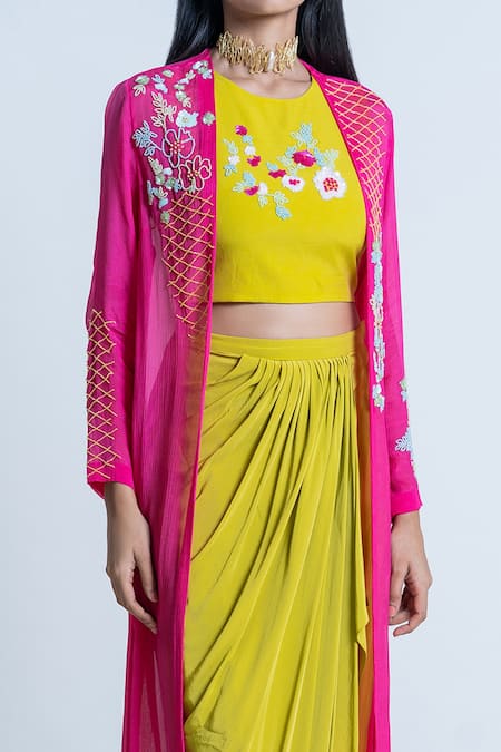 Nautanky_Yellow Cape Chiffon, Crop Top , Skirt Embellished Drape Set _Online_at_Aza_Fashions