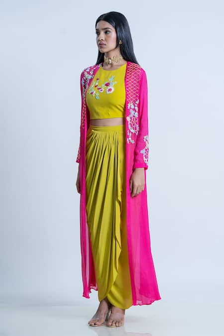 Shop_Nautanky_Yellow Cape Chiffon, Crop Top , Skirt Embellished Drape Set _Online_at_Aza_Fashions