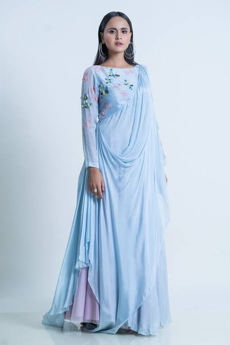 Nautanky_Blue Anarkali Chiffon, Skirt Tulle And Net Floral Pleated Drape Attached With _Online_at_Aza_Fashions