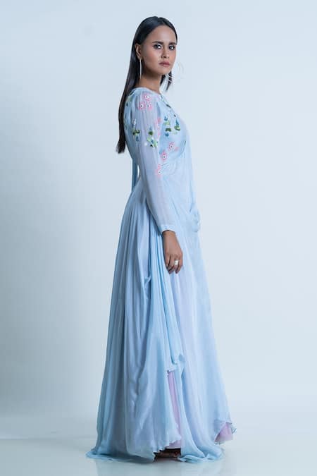 Shop_Nautanky_Blue Anarkali Chiffon, Skirt Tulle And Net Floral Pleated Drape Attached With _Online_at_Aza_Fashions