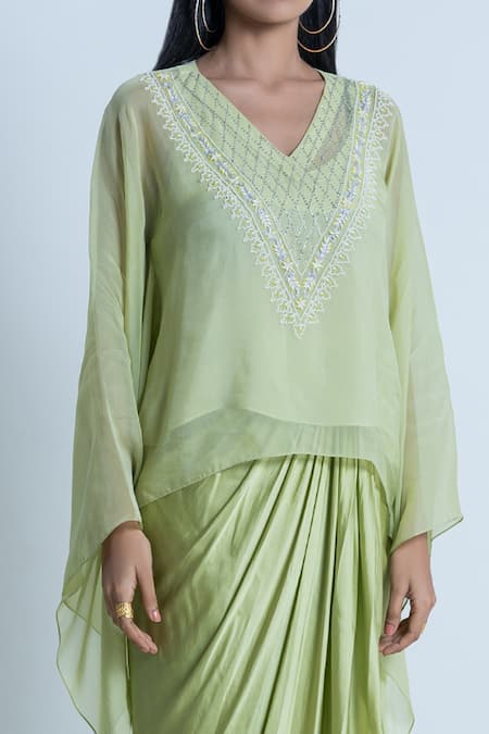 Nautanky_Green Kaftan Organza, Skirt Satin Floral Beads Embellished Top And Draped Set _Online_at_Aza_Fashions