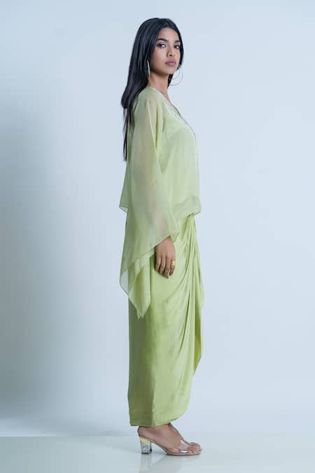 Buy_Nautanky_Green Kaftan Organza, Skirt Satin Floral Beads Embellished Top And Draped Set _Online_at_Aza_Fashions