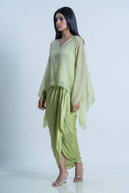 Nautanky_Green Kaftan Organza, Skirt Satin Floral Beads Embellished Top And Draped Set _at_Aza_Fashions
