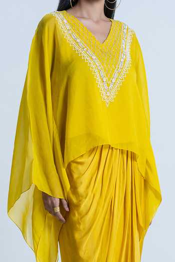 Nautanky_Yellow Kaftan Organza, Skirt Satin Floral V Draped Set And Beads Embellished _Online_at_Aza_Fashions