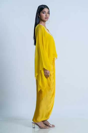 Buy_Nautanky_Yellow Kaftan Organza, Skirt Satin Floral V Draped Set And Beads Embellished _Online_at_Aza_Fashions