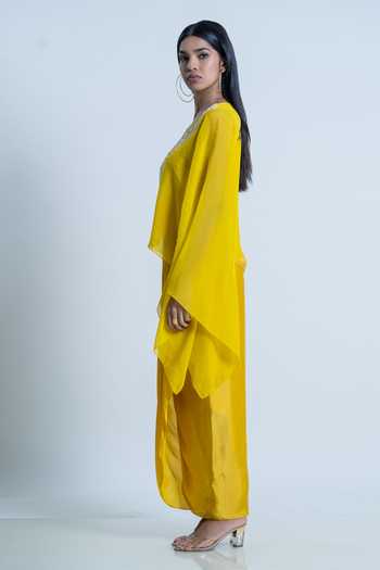 Shop_Nautanky_Yellow Kaftan Organza, Skirt Satin Floral V Draped Set And Beads Embellished _Online_at_Aza_Fashions