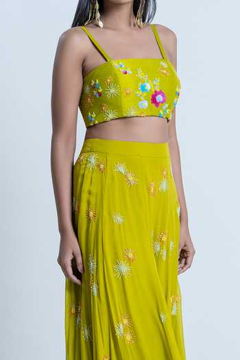 Buy_Nautanky_Green Bustier Silk, Sharara Organza Floral, Hand Embroidered And Flared Set _Online_at_Aza_Fashions