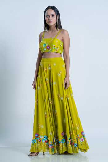 Shop_Nautanky_Green Bustier Silk, Sharara Organza Floral, Hand Embroidered And Flared Set _Online_at_Aza_Fashions