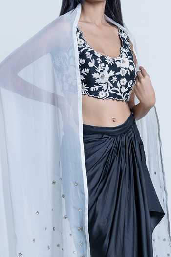 Nautanky_Black Bustier Silk, Dupatta Organza, Skirt Satin Floral Embroidered Set _Online_at_Aza_Fashions