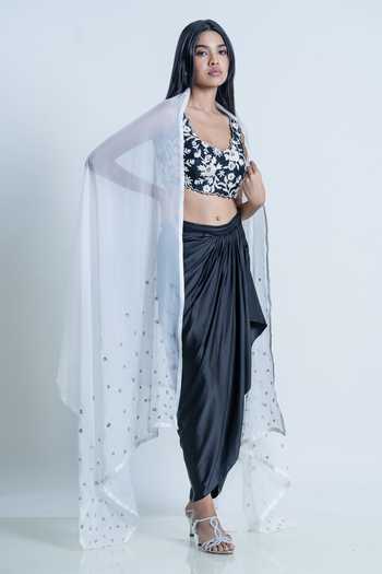 Buy_Nautanky_Black Bustier Silk, Dupatta Organza, Skirt Satin Floral Embroidered Set _Online_at_Aza_Fashions