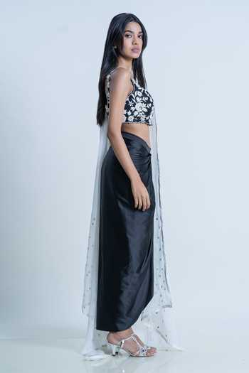Shop_Nautanky_Black Bustier Silk, Dupatta Organza, Skirt Satin Floral Embroidered Set _Online_at_Aza_Fashions