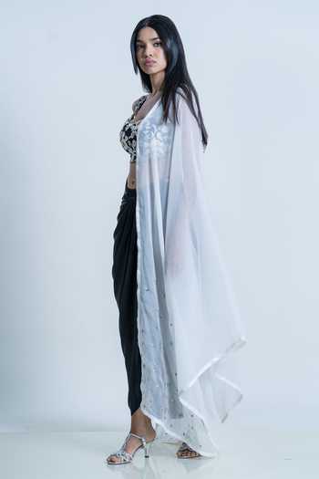 Nautanky_Black Bustier Silk, Dupatta Organza, Skirt Satin Floral Embroidered Set _at_Aza_Fashions