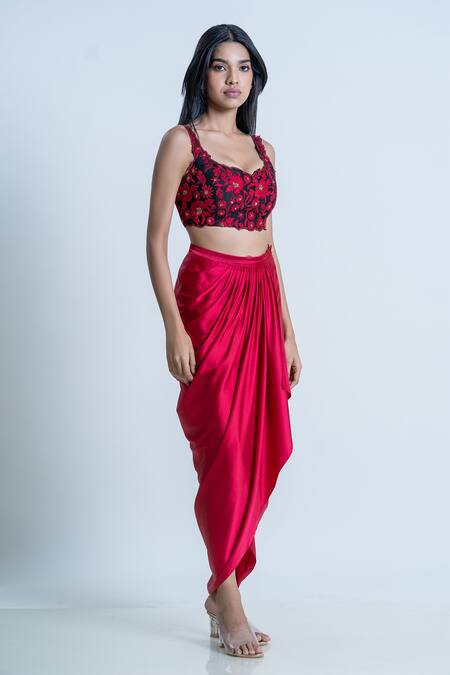 Nautanky_Black Bustier Silk, Dupatta Organza, Skirt Satin Floral Sweetheart Work Set _Online_at_Aza_Fashions